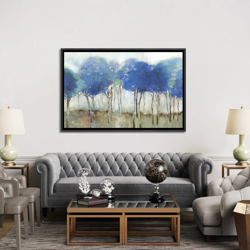 "Indigo Woodland" par Allison Pearce, reproduction d’art, H 40 po x l 60 po x 1,5 po, Toile avec cadre noir patiné