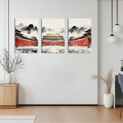 Chinese Palace Architecture Ink Wash Style Canvas Wrapped Wall Art Oil Painting Print Set of 3