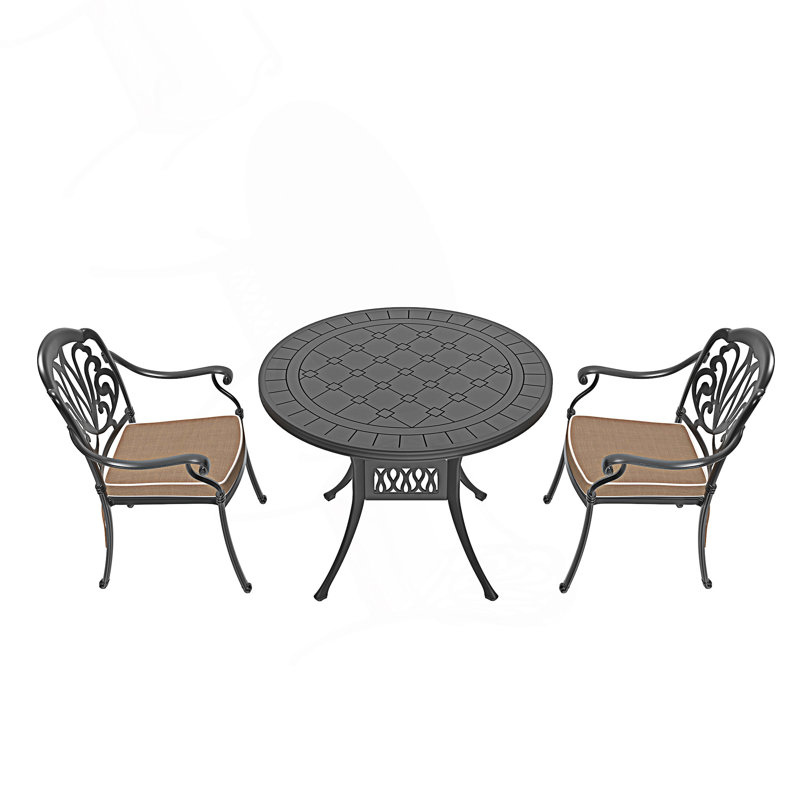 Elegant 3-Piece Cast Aluminum Patio Set With Comfortable Brown Cushions, 3 Pieces: Table, 2 Chairs