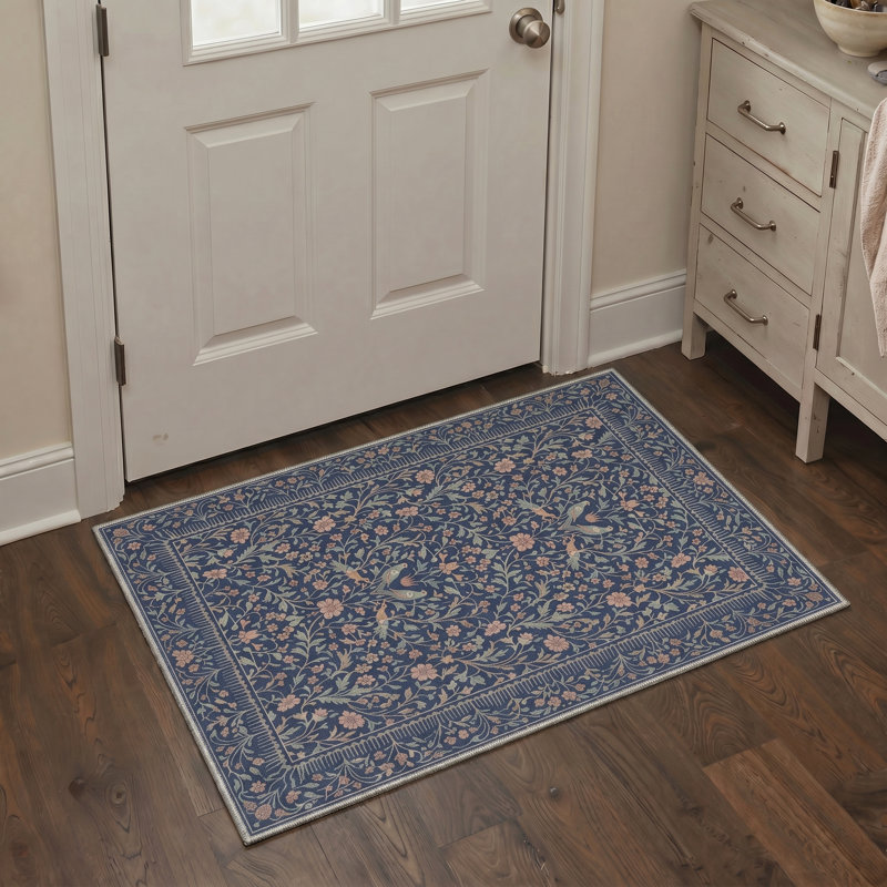 Tapis d'intérieur bleu floral lavable à la machine avec envers antidérapant Auraflora, Rectangle 84 po x 60 po