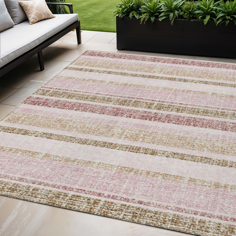 5' X 8' Pink And Beige Striped Washable Indoor Outdoor Area Rug, Rectangle 5' X 8'