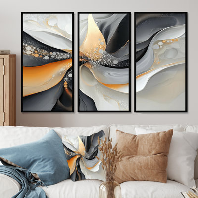 Ensemble de salon Fractal Golden and Gray Ink Shift I - Abstract Modern Transitional Wall Art