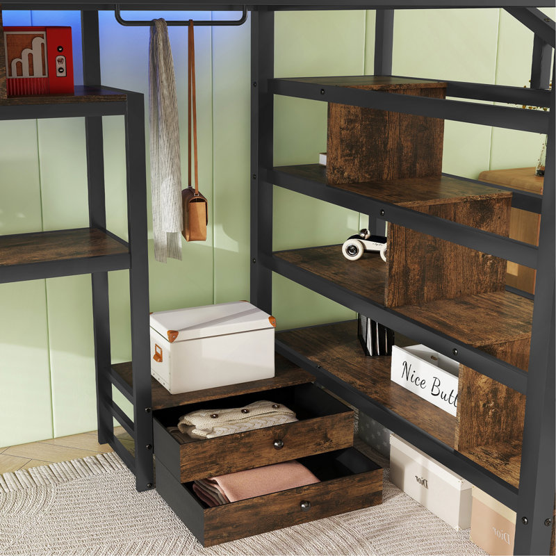 Lit mezzanine double avec lumière DEL et station de charge, lit mezzanine en métal avec bureau et escalier, lit mezzanine avec garde-robe