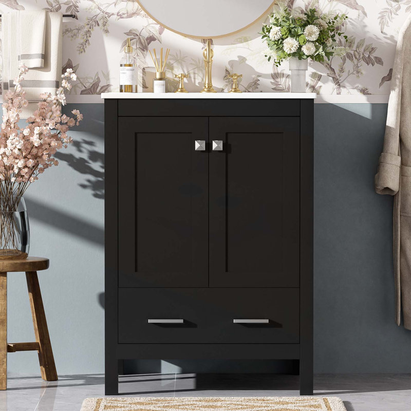 Meuble-lavabo moderne de 24 pouces avec lavabo en céramique, portes à fermeture douce et nombreuses solutions de rangement pour les espaces compacts