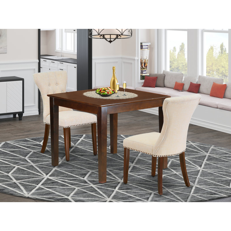3 Piece Dining Room Furniture Set Contains a Square Dining Table and 2 Light Beige Linen Fabric Upholstered Parson Chairs, 36x36 Inch, Mahogany