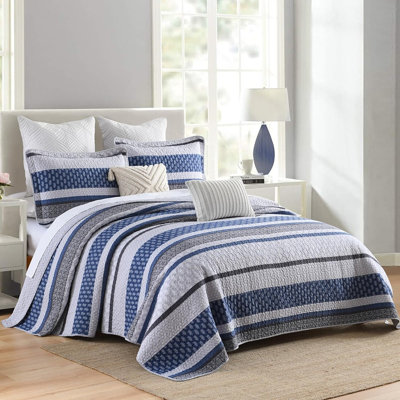 King Quilt Bedding Set, 3-Piece 100% Cotton Reversible Farmhouse Quilt, Blue Grey Striped Floral Lightweight Bedspread with Pillow Shams