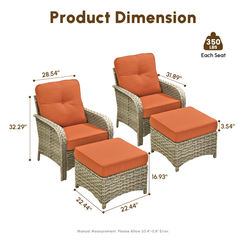 2-Person Outdoor Seating Group With Cushions And Ottomans,  All-Weather Wicker Patio Set, Orange