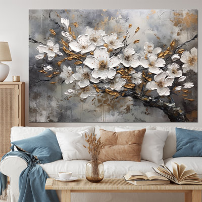White Grey Cherry Blossum Harmony I - Floral Canvas Art Print