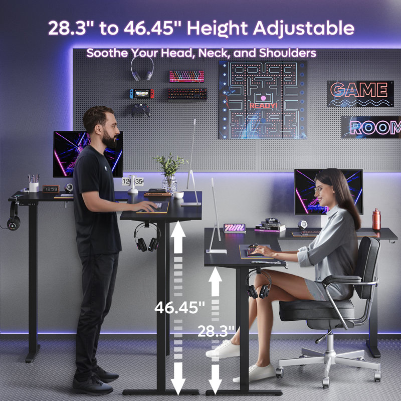 Monike 63" L Shaped Gaming Desk with Power Outlet, Height Adjustable Standing Desk, Black