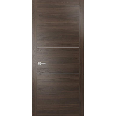 Porte intérieure moderne pleine avec poignée Planum 0110 Frêne chocolat, panneau simple, cadre et finitions standard, pour salle de bain ou chambre, portes robustes - 42 po x 96 po