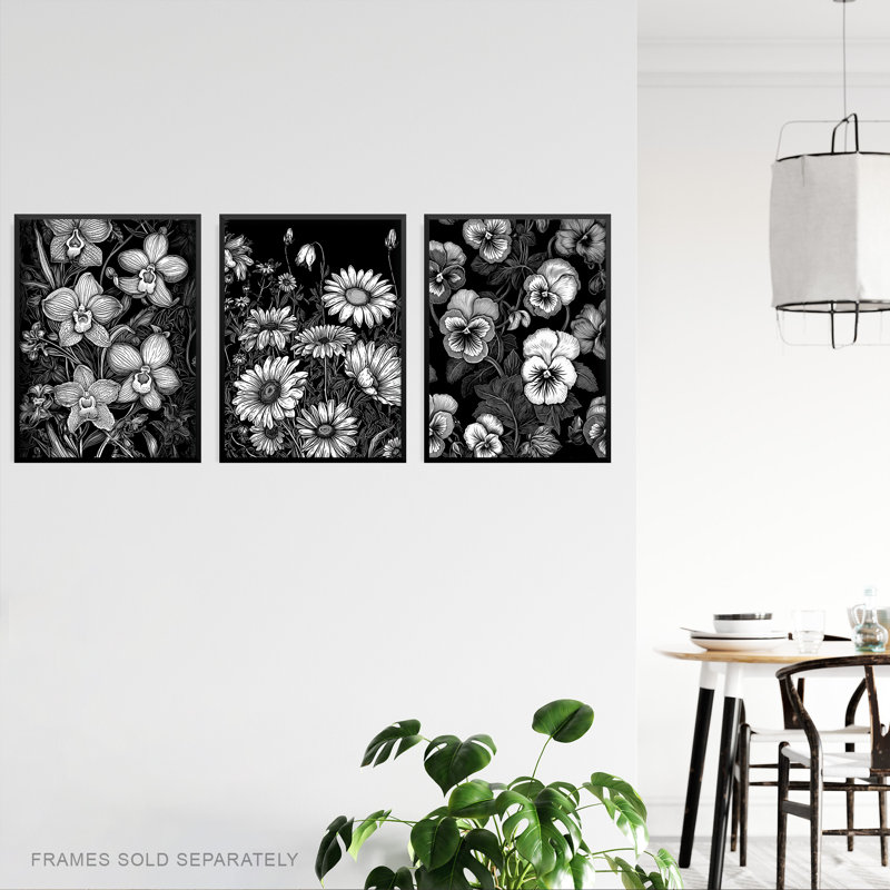 Elegant Spring Flowers Daisies Orchids Peonies Black White - 3 Piece No Frame Print Set, 29.7cm H x 21cm W x 0.4cm D