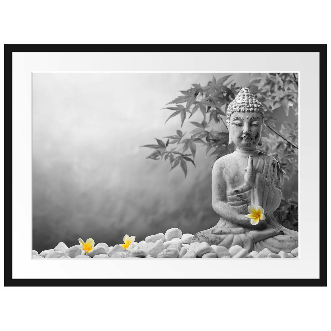 Gerahmtes Poster Buddha mit Monoi Blüte in der Hand