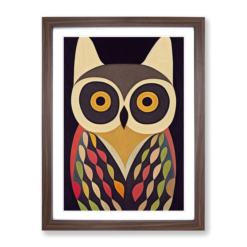 Colourful Abstract Owl No.4 1 Piece Single Picture Frame Wall Art, 34cm H x 25cm W x 2cm D, Walnut
