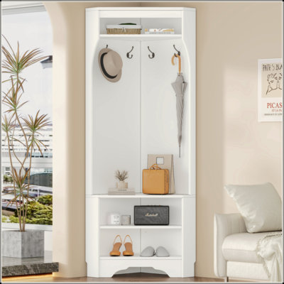 Minimalist Corner Hall Tree With Shoe Bench, Versatile Entryway Coat Rack With 4 Hooks, Corner Cabinet With Adjustable Shelf For Hallway, Living Room