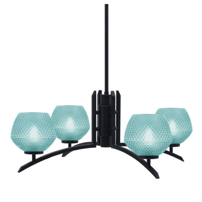 Lustre 4 lumières kurve illustré en finition noir mat avec verre texturé de 6 po