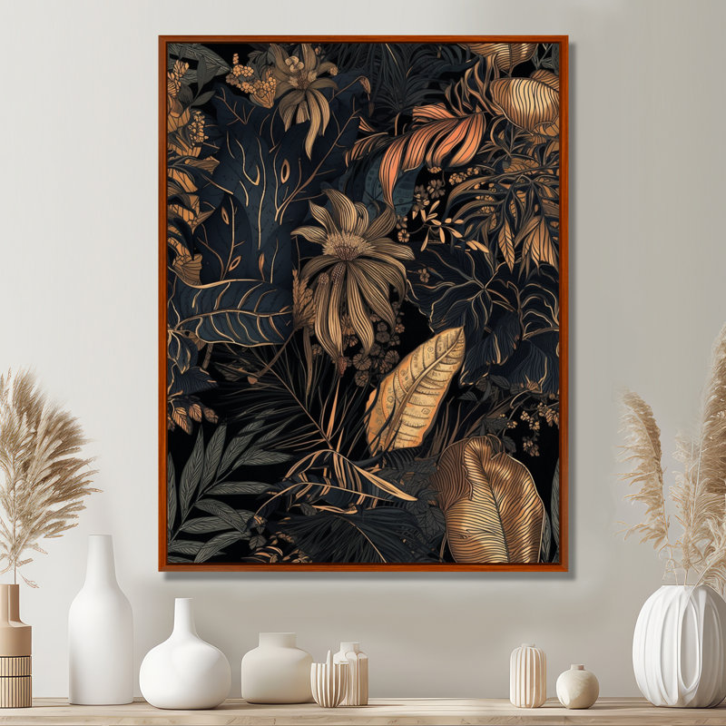 Feuille d'or tropicales Serenade III - feuilles, art mural, H 32 po x l 16 po, Cadre flottant brun