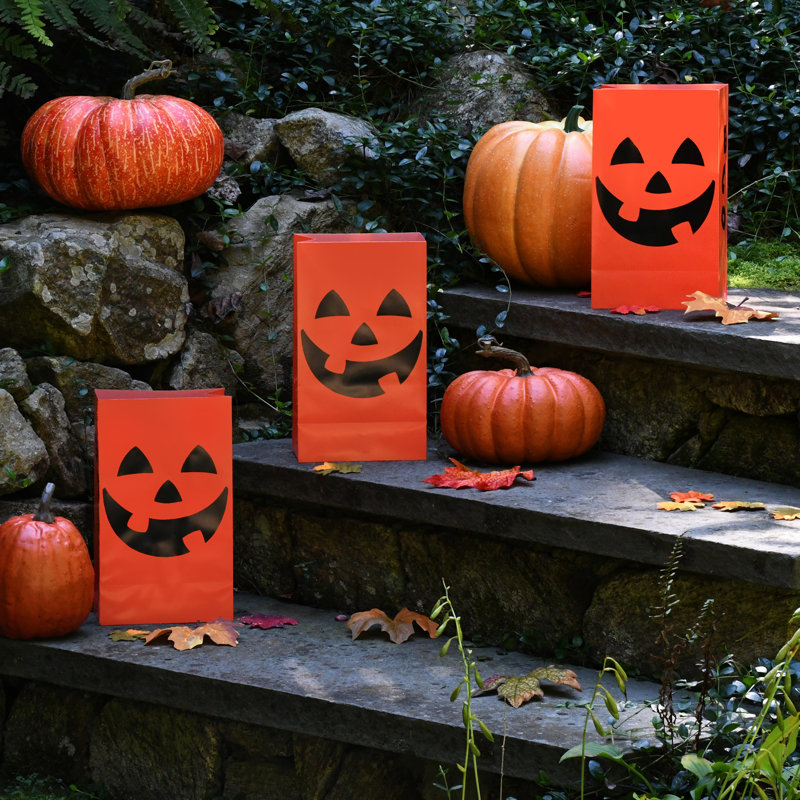 Orange Jack O'Lantern Plastic Luminaria Bags - 12 Count