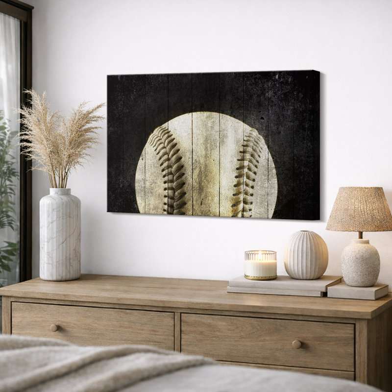 Sport «Œuvre de baseball classique à effet de bois foncé, images murales de chambre de garçon rétro, impression sur toile encadrée
