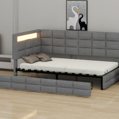 Upholstered Daybed With Storage 2 Drawers And Charging Station, Day Bed Frame With LED Lights And Storage Headboard