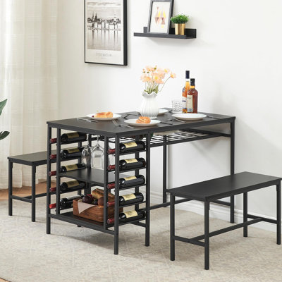 Kitchen Table with 2 Benches Wine Rack and Storage Shelf 3 Piece Dining Table Set for Small Space Rectangular Dining Room Table Set Rounded Corner Design Apartment Dinette Black