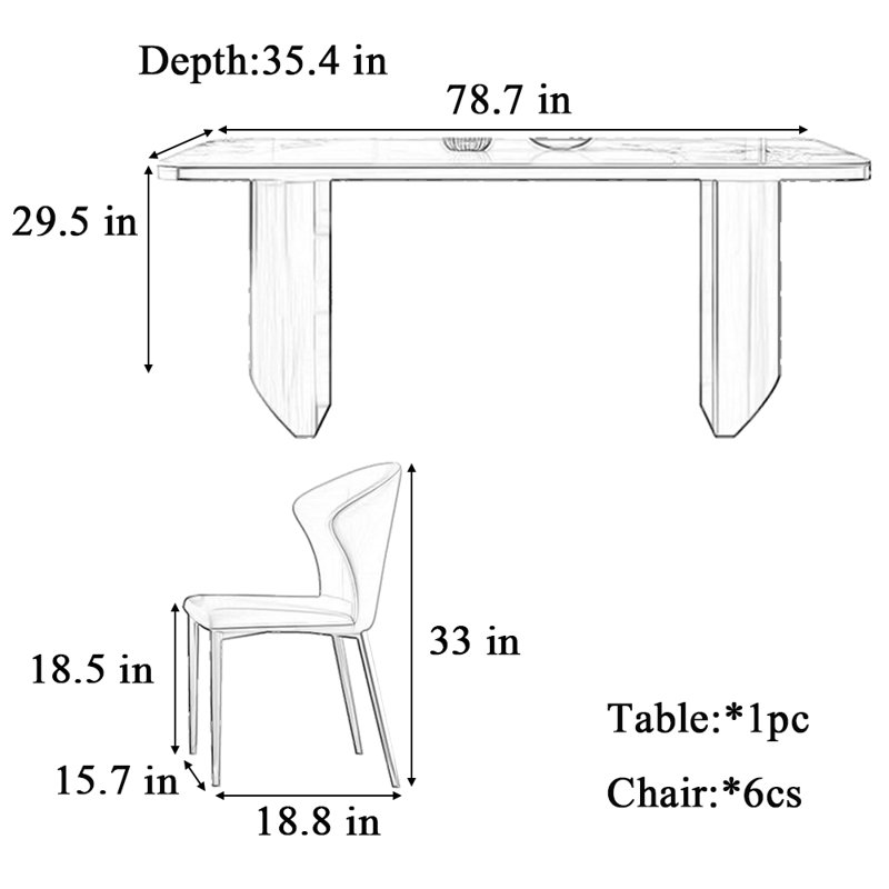 Table de salle à manger et chaise Light Luxury, Noir, noir, noir, noir, H 29,5 po x L 78,7 po x l 35,4 po