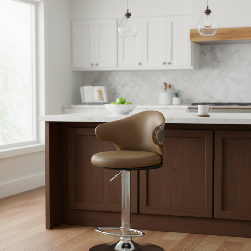 Tabouret en cuir brun avec structure en aluminium chromé