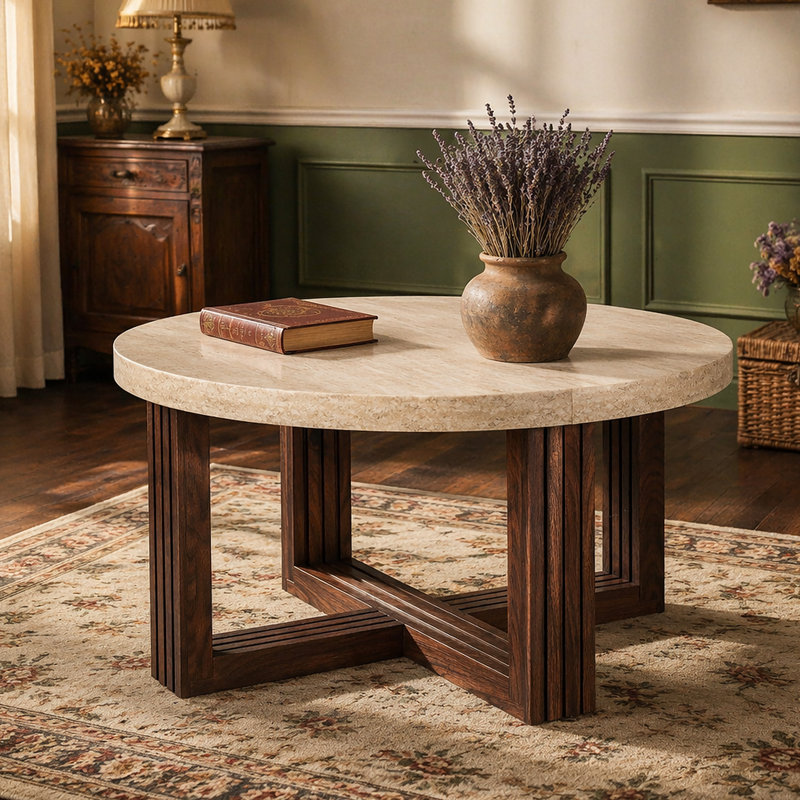 Table basse ronde avec dessus en marbre 31,5 po et base en croix brune, table de centre moderne pour le salon avec grain de bois naturel