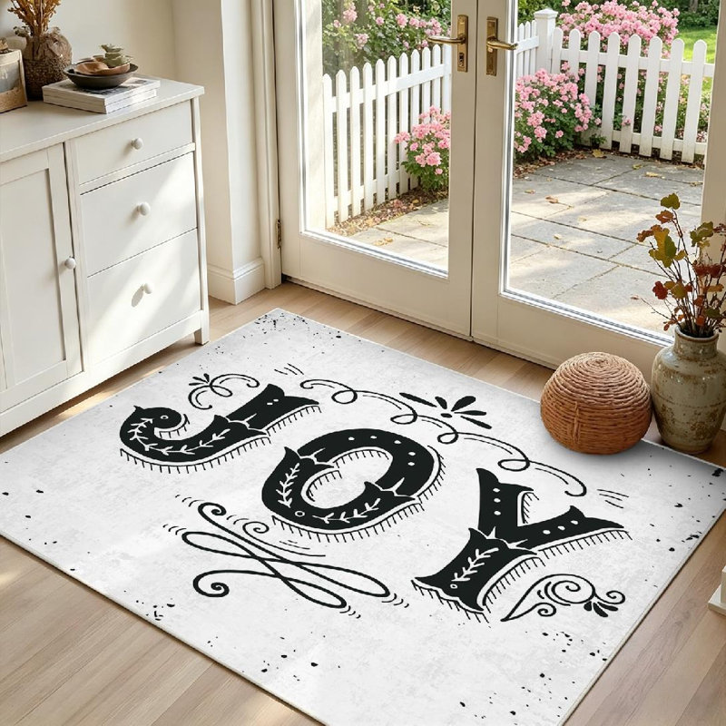 Tapis intérieur noir lavable à la machine, motif rétro « Joy Merry Christmas », avec tapis de Noël., Rectangle 39" x 63"
