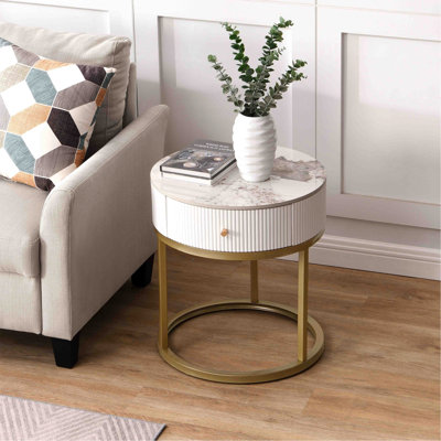 Table de chevet moderne avec tiroir, table de bout ronde en marbre pour un rangement élégant et une utilisation polyvalente dans le salon et la chambre à coucher