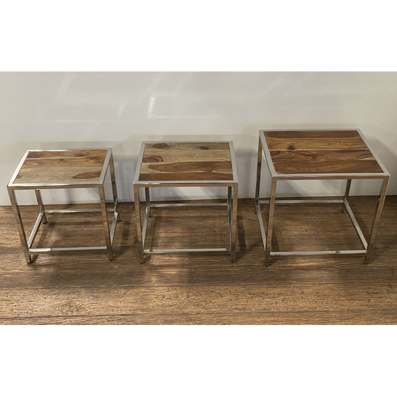  Transitional Set of Three Silver and Brown Solid Wood Nested Tables