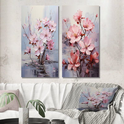Ensemble de salon rose et gris avec fleurs de sérénité I - Fuschia
