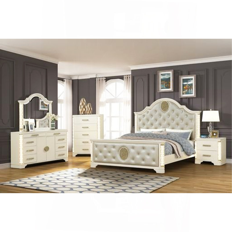 Ensemble de chambre à coucher grand avec 5 pièces à DEL en bois beige