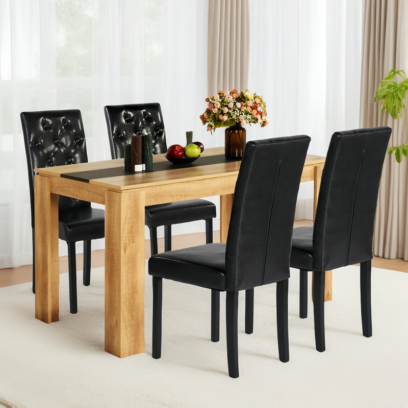Dining Chair Set,High Back Kitchen Chair,Button Upholstered Dining Chair,Solid Faux Leather Living Room Chair, Black, Black
