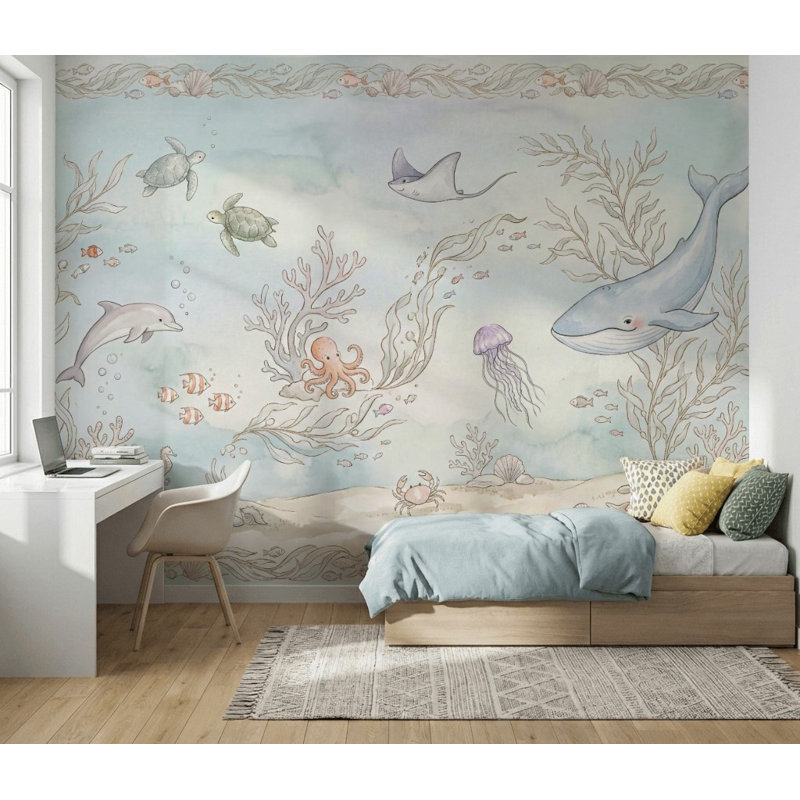 Murale sous-marine aquarelle, 100 po x 96 po, Peler et coller