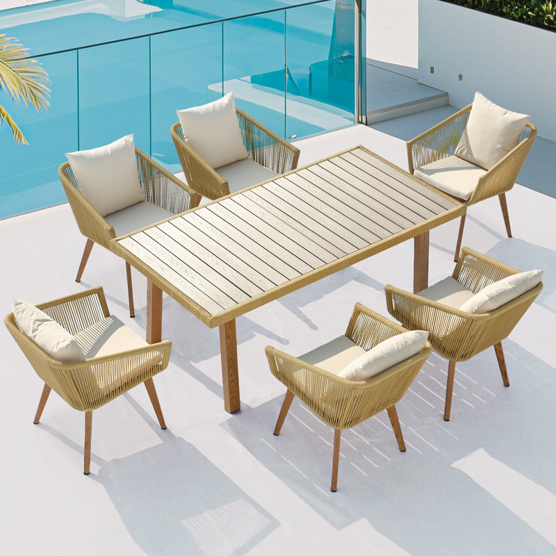 Rectangular Outdoor Dining Set with Cushions, 6, Mustard/Beige