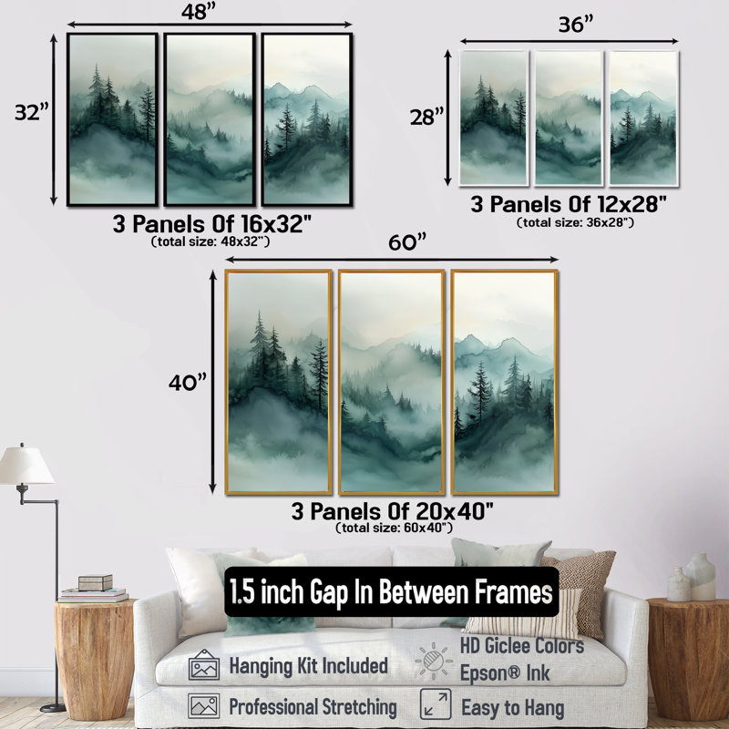 «Fading Light Gradient Forest Landscape II», art mural montagnes, 3 pièces, H 32 po x l 48 po, Noir