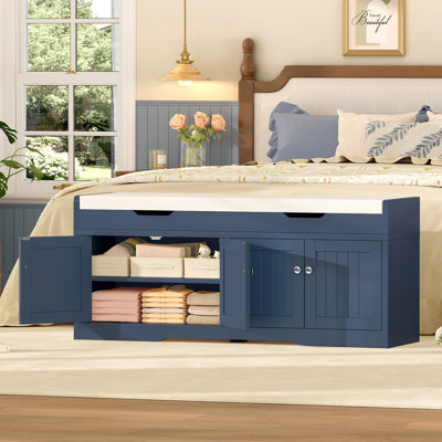 47.24" Shoe Storage Bench With Padded Seat Cushion, Entryway Shoe Bench With 2 Adjustable Shelves, White
