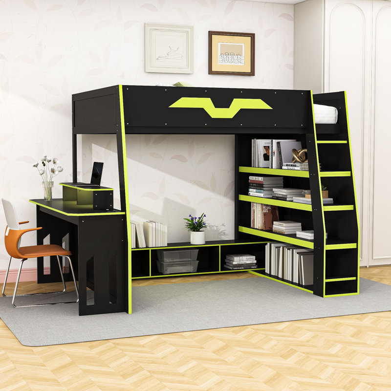 Lit mezzanine double en bois avec bureau intégré, éclairage RVB et rangement polyvalent, Vert