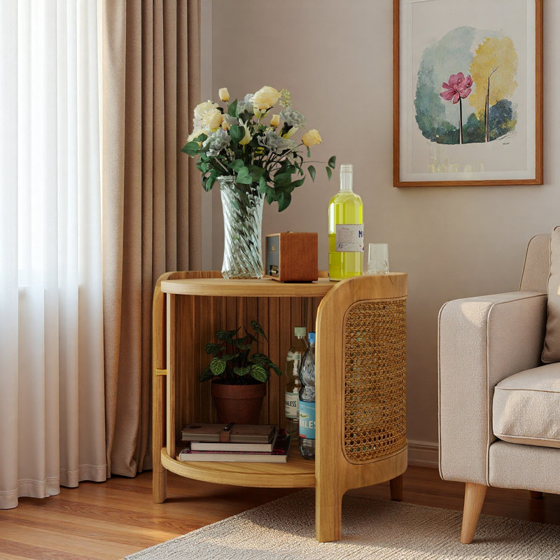 Table de bout rotative moderne avec rotin et rangement caché