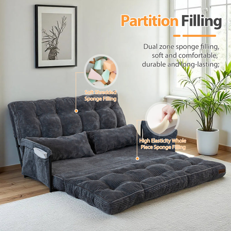 Bean Bag sofa,Floor Sofa Bed, Dark Gray Corduroy, 25.6" H x 54" W x 25.6" D