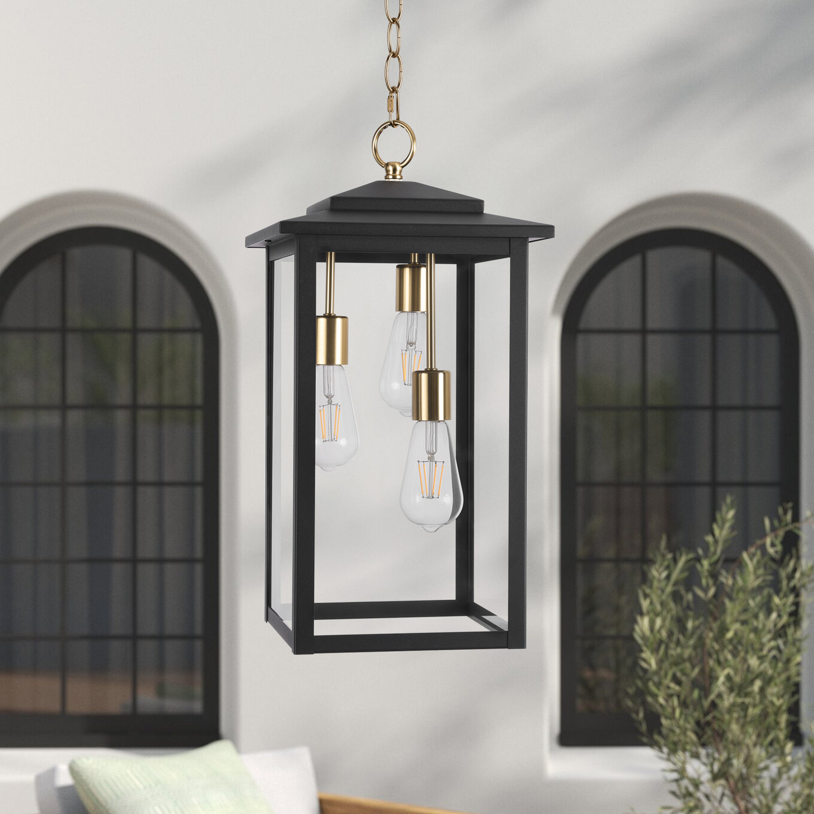 Birten Wrought Iron Outdoor Hanging Lantern, Matte Black/Antique Brass