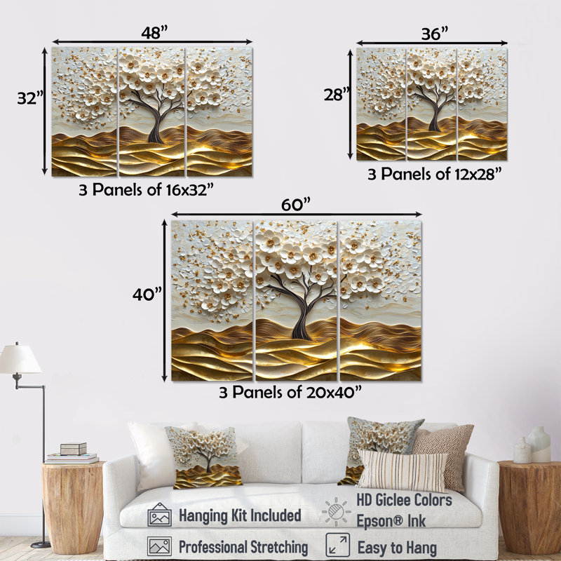 Ensemble de décorations murales White Folk Art Basswood Gold Tree - Tree Amercian Basswood, Toile tendue