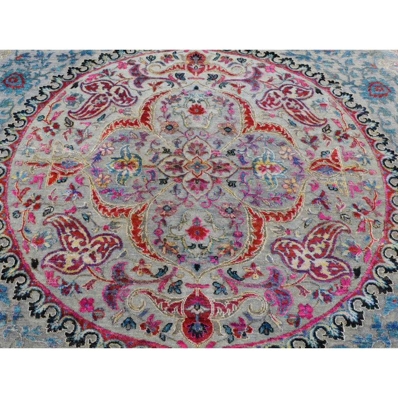 8'x10' Grey Silk and Wool Colourful Maharaja Design Hand Knotted Rug G87707