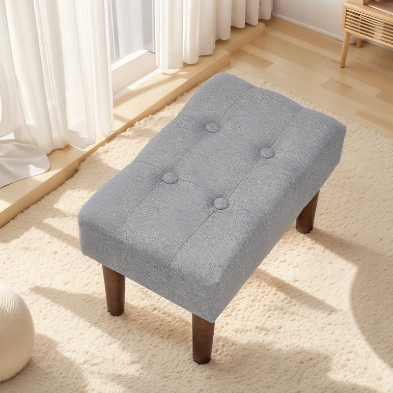 Small Footstool Ottoman, Linen Upholstered Ottoman Foot Rest With Solid Wood Legs, Rectangle Tufted Padded Footrest for Couch, Living Room, Bedroom, Office & Under Desk