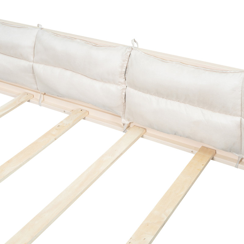 Lit plateforme tapissier pleine grandeur beige avec garde-corps et coussin moelleux - construction durable, Beige