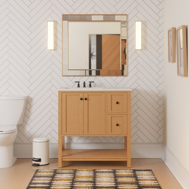 Binne 36'' Single Bathroom Vanity with Top, Engineered White, Blonde