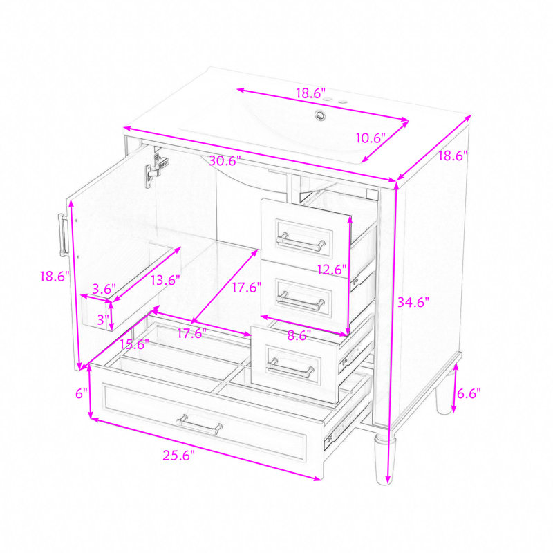 Meuble-lavabo de salle de bain avec lavabo en céramique, tiroirs à fermeture en douceur et porte, Gris