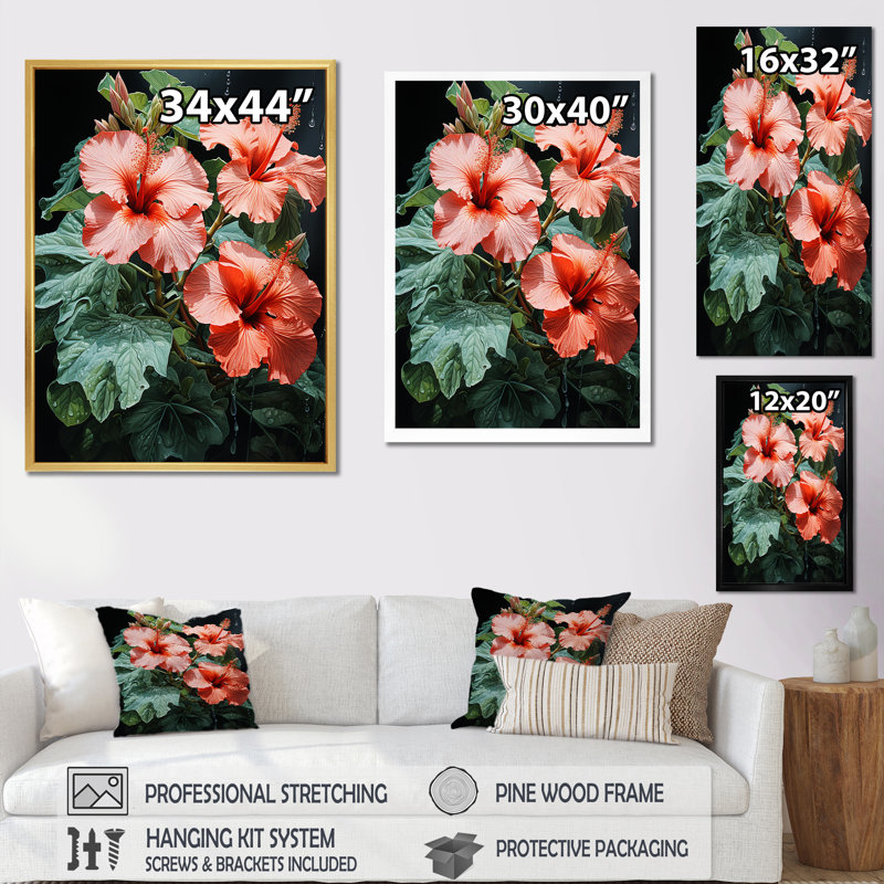 Corail méticuleusement rendu fleurs d'hibiscus encadré sur toile, Cadre simple noir, H 44 po x l 34 po x P 1,5 po