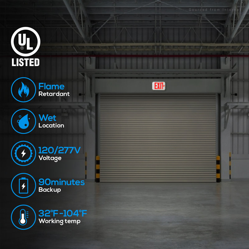 LED Exit Sign with Battery Backup, UL Listed, Weatherproof Emergency Exit Light, AC 120/277V