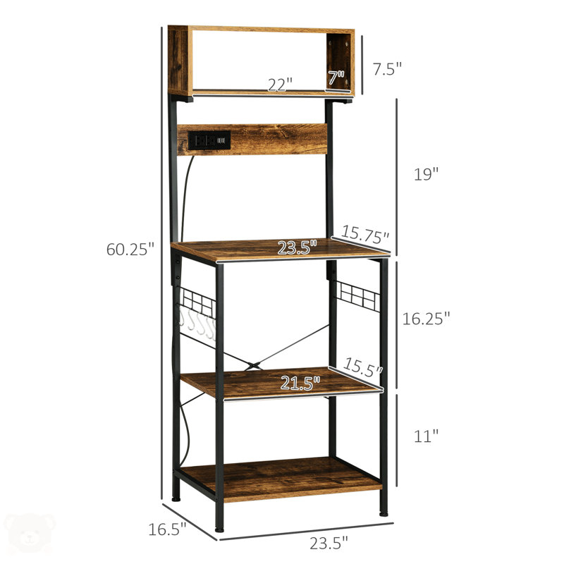 Rustic Brown Adjustable Kitchen Baker's Rack with Power Outlet